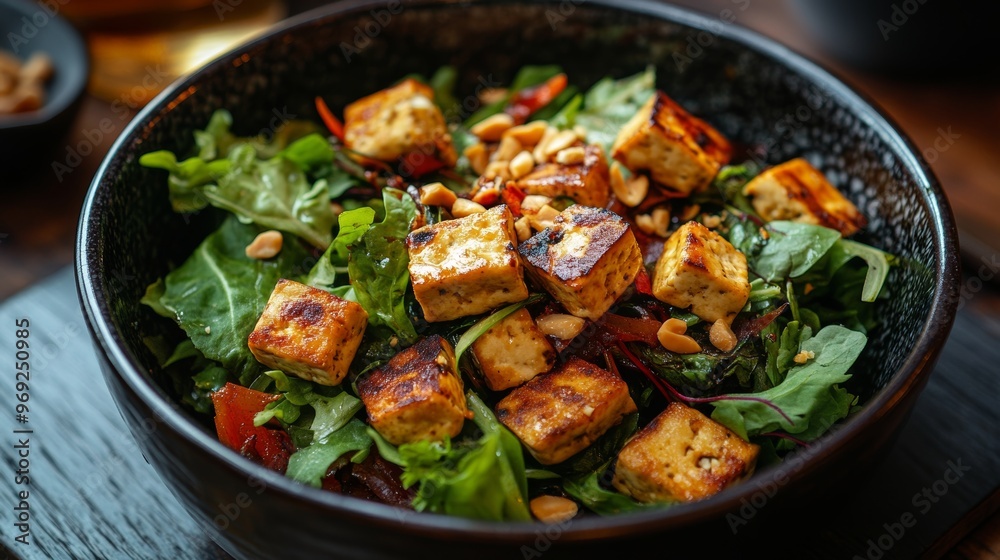 Elegant Thai Stir-Fry Dish with Crispy Tofu,Mixed Greens,and Peanuts Elegant Thai Stir-Fry Dish with Crispy Tofu,Mixed Greens,and Peanuts