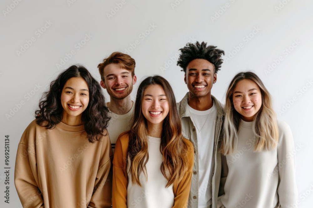 Happy 5 freshmen students of different nationalities clothing friends person. Happy 5 freshmen students of different nationalities clothing friends person.