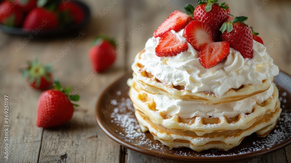 A stack of fluffy pancakes topped with whipped cream and fresh strawberries on a wooden table. A stack of fluffy pancakes topped with whipped cream and fresh strawberries on a wooden table.