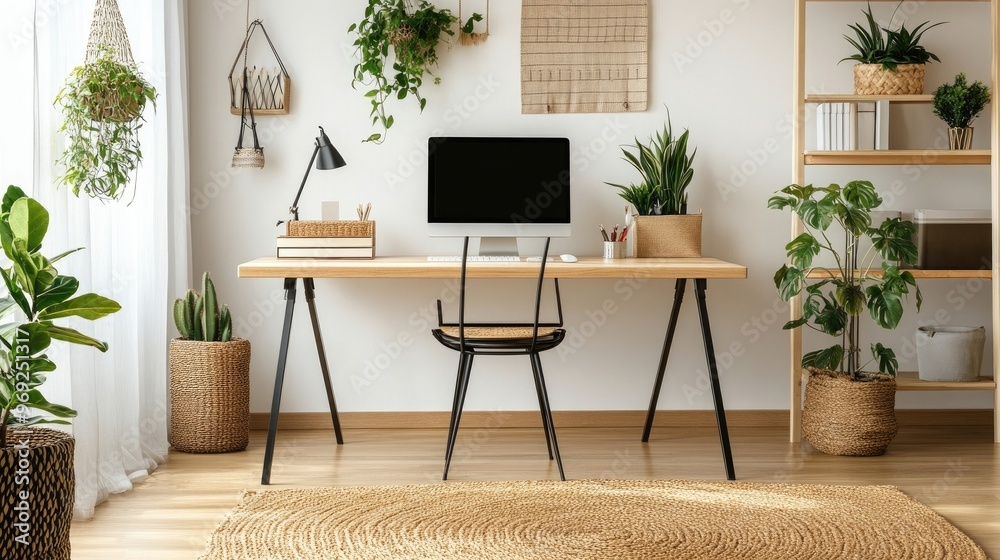 A bright workspace with a large desk, plants, and modern accessories A bright workspace with a large desk, plants, and modern accessories
