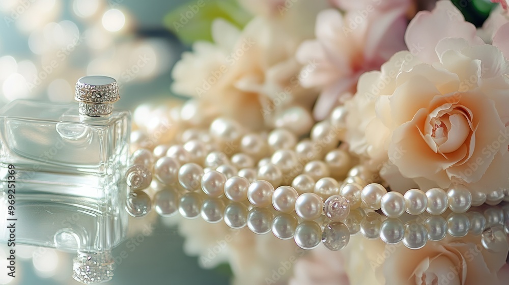 A collection of pearls scattered across a reflective glass table, surrounded by perfume bottles and delicate flowers. A collection of pearls scattered across a reflective glass table, surrounded by perfume bottles and delicate flowers.
