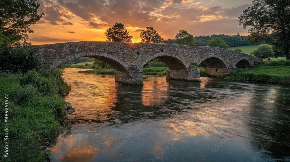 Fototapeta premium A picturesque stone bridge over a tranquil river at sunset, surrounded by lush greenery.