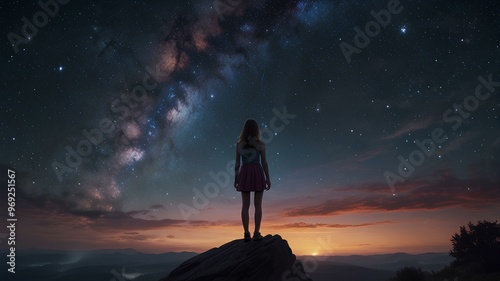 An evocative image of a young girl standing on a rock, marveling at a surreal dawn galaxy with stars and clouds. photo