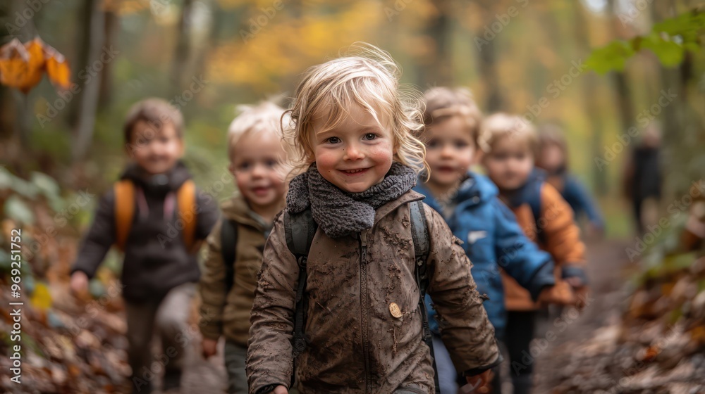 A group of children are walking through a forest, some of them wearing backpacks A group of children are walking through a forest, some of them wearing backpacks