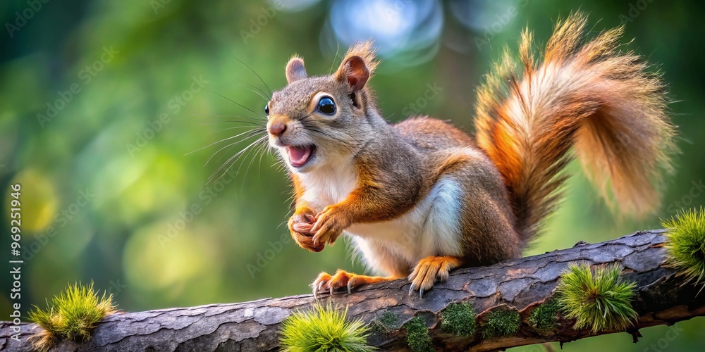 A playful squirrel sits atop a branch, its bushy tail flickering with mischief, eyes shining with humor. A playful squirrel sits atop a branch, its bushy tail flickering with mischief, eyes shining with humor.