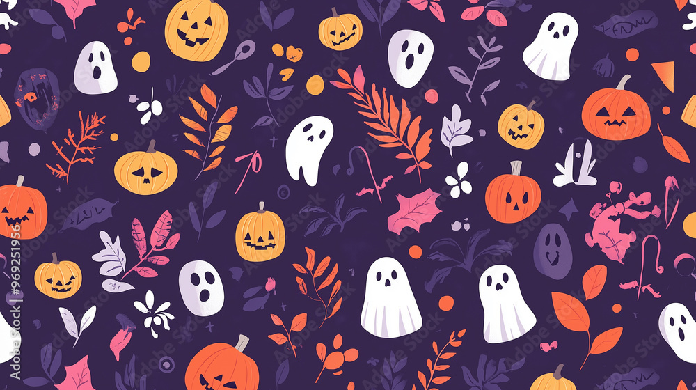 Halloween pattern with ghosts, pumpkins, and autumn leaves on dark purple background Halloween pattern with ghosts, pumpkins, and autumn leaves on dark purple background