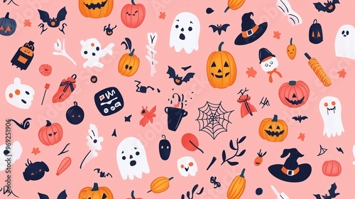 Wallpaper Mural Playful Halloween pattern with ghosts, pumpkins, and bats on pink background Torontodigital.ca