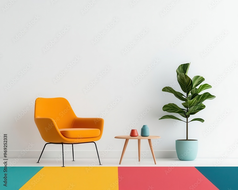 Fototapeta premium A Scandinavian living room with light wood furniture, a colorful oversized rug, and a bold mid-century armchair as the focal point, Digital Art, Warm and inviting