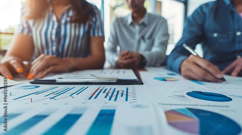 Three colleagues looking at a financial report together, Analysis, Review Three colleagues looking at a financial report together, Analysis, Review
