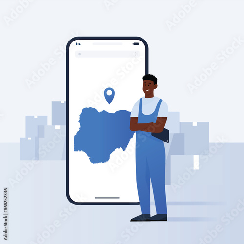 Delivery guy standing in front of a phone and boxes. Supply chain and international logistics business concept. Cargo delivery, Nigeria shipping with transport. Flat blue vector illustration.