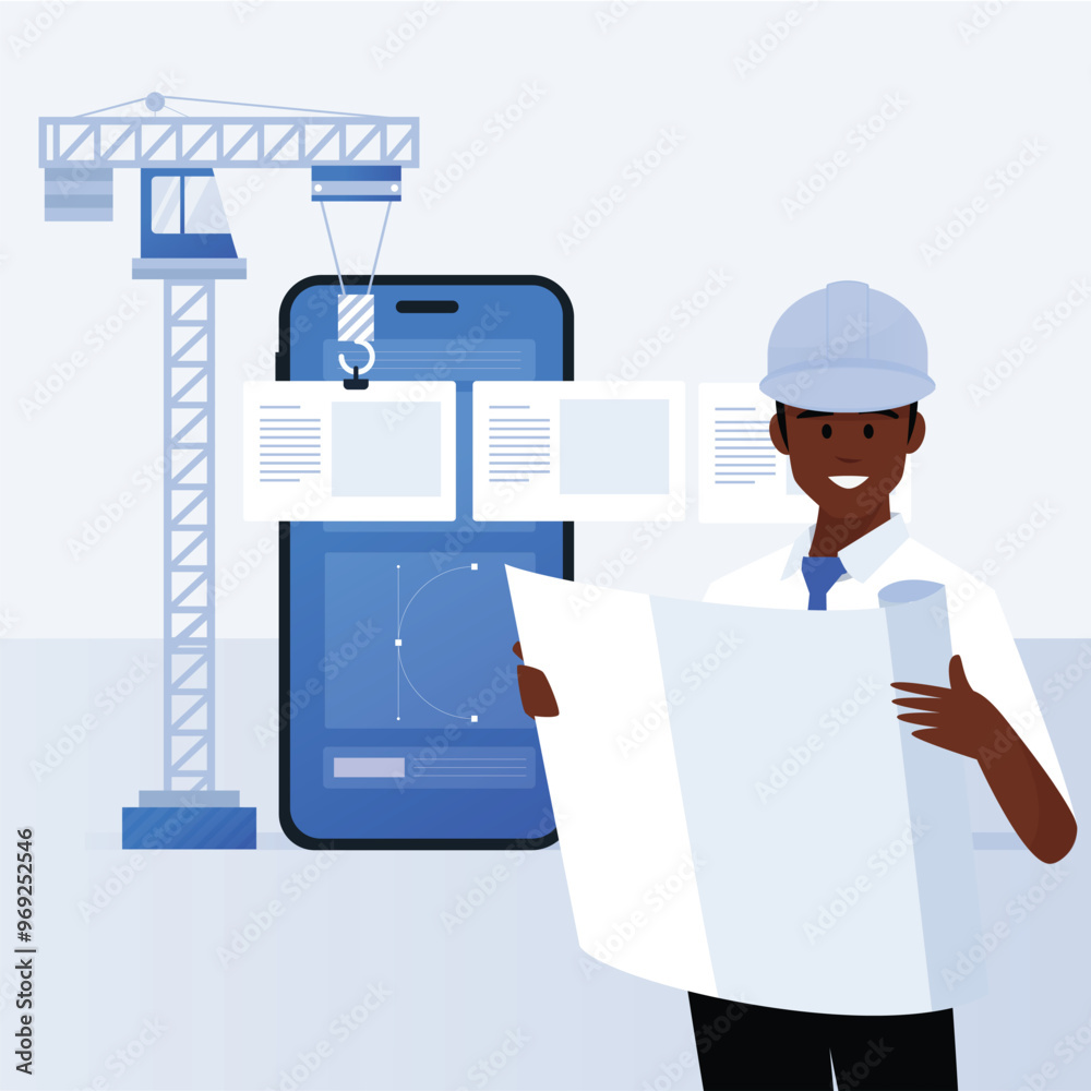 Crane building mobile app and architect developer manager. UX, UI design, software, website is under construction, flat vector illustration Crane building mobile app and architect developer manager. UX, UI design, software, website is under construction, flat vector illustration