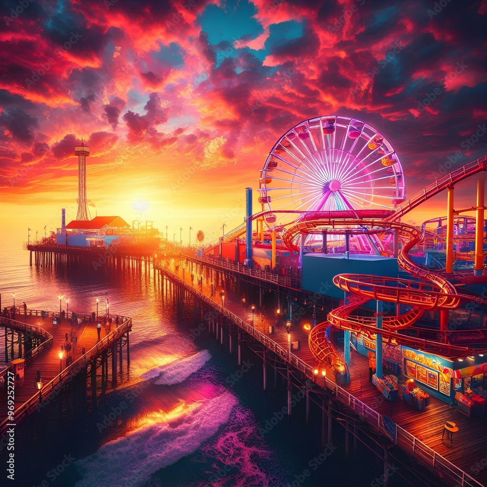 Obraz premium Amazing view of an amusement park pier at sunset with vibrant sky colors, roller coasters, and a ferris wheel, capturing a lively and cheerful atmosphere.