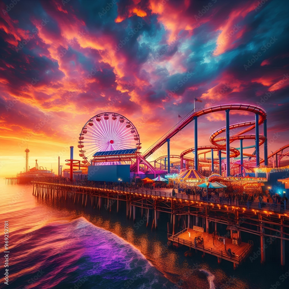 Obraz premium Amazing view of an amusement park pier at sunset with vibrant sky colors, roller coasters, and a ferris wheel, capturing a lively and cheerful atmosphere.
