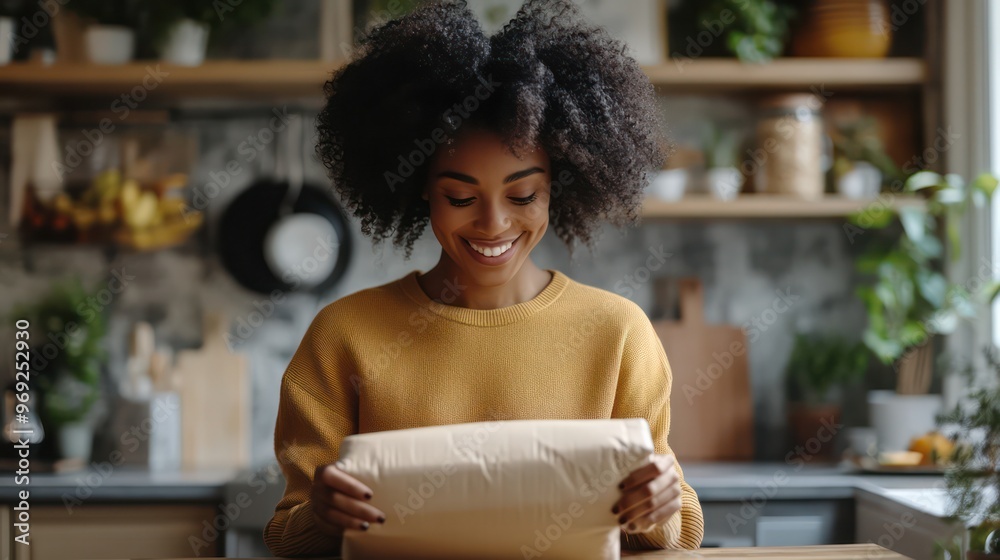 A woman is smiling as she opens a brown bag