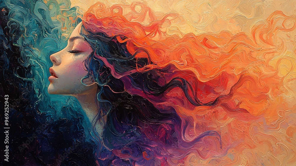 Semiabstract portrait of a woman with flowing hair that turns into abstract vibrant patterns representing beauty and individuality Semiabstract portrait of a woman with flowing hair that turns into abstract vibrant patterns representing beauty and individuality