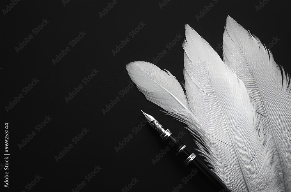 Naklejka premium Monochrome Black Background with White Feathers for a Bold and Minimalist Contrast
