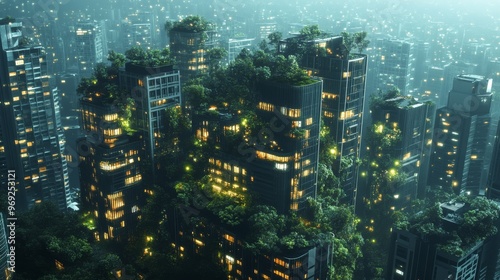 Futuristic AI-driven urban planning systems designing future cities with minimal environmental impact: AI creating sustainable city layouts that optimize transportation, energy, and waste management. #969253121