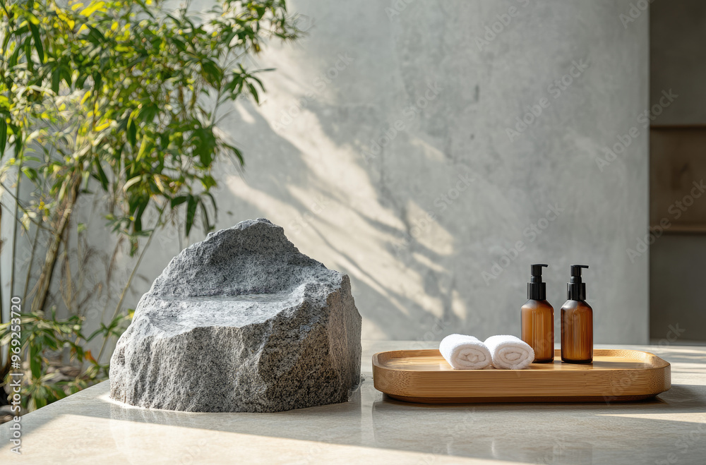 Minimalist Spa Setting with a Stone Fountain and Smooth Pebbles for Ultimate Relaxation Minimalist Spa Setting with a Stone Fountain and Smooth Pebbles for Ultimate Relaxation