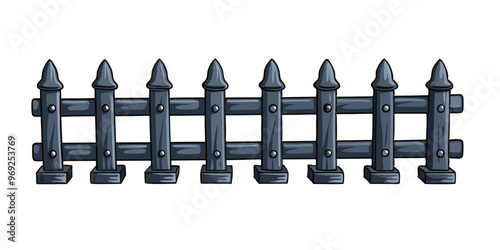 a small section of a decorative fence. It consists of seven vertical posts with pointed tops, resembling a classic picket fence design. The posts are connected by two horizontal bars