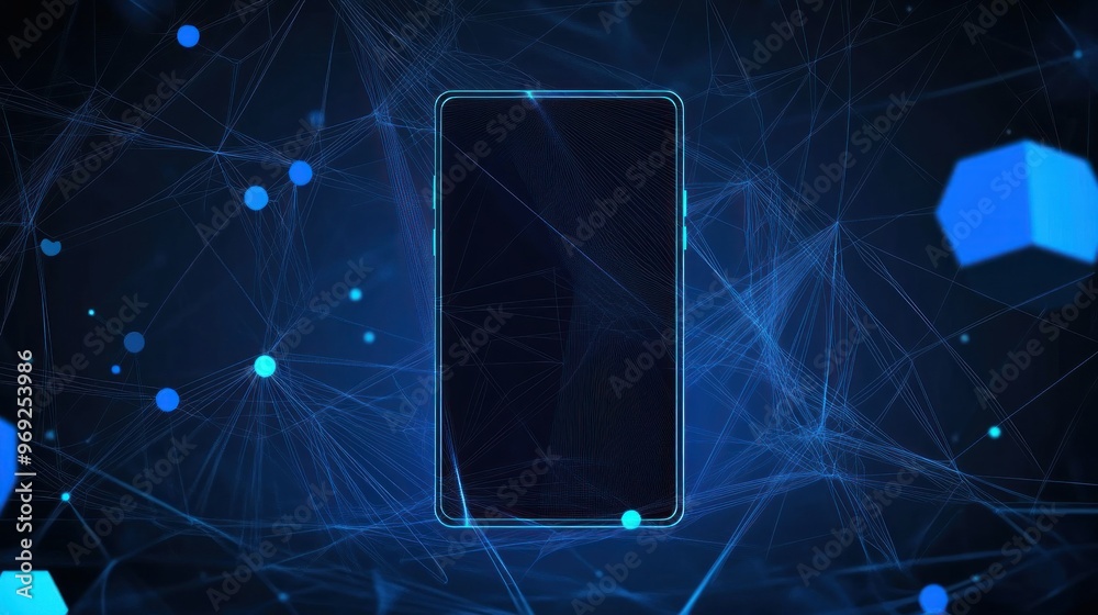 A digital representation of a smartphone surrounded by a network of blue connections.