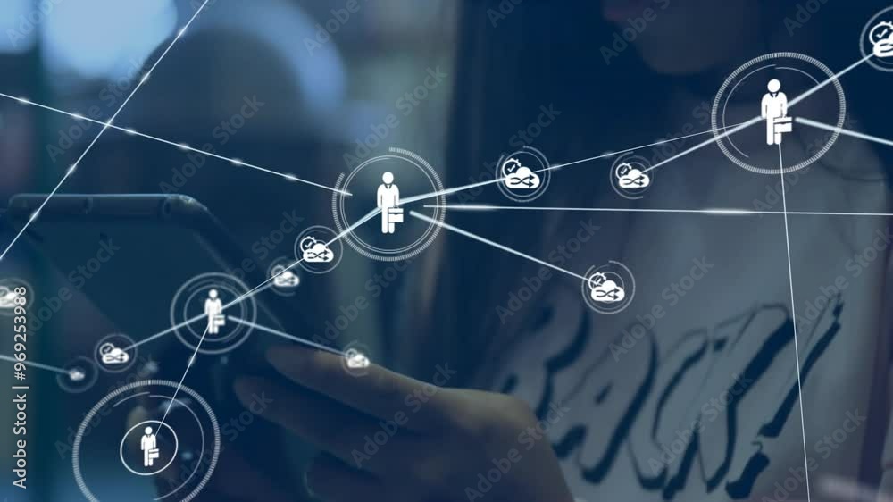 Animation of network of connections with icons over biracial businesswoman using smartphone