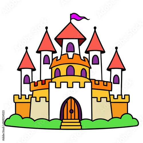 Colorful cartoon castle with multiple towers, a purple flag, and a front gate, on a green base