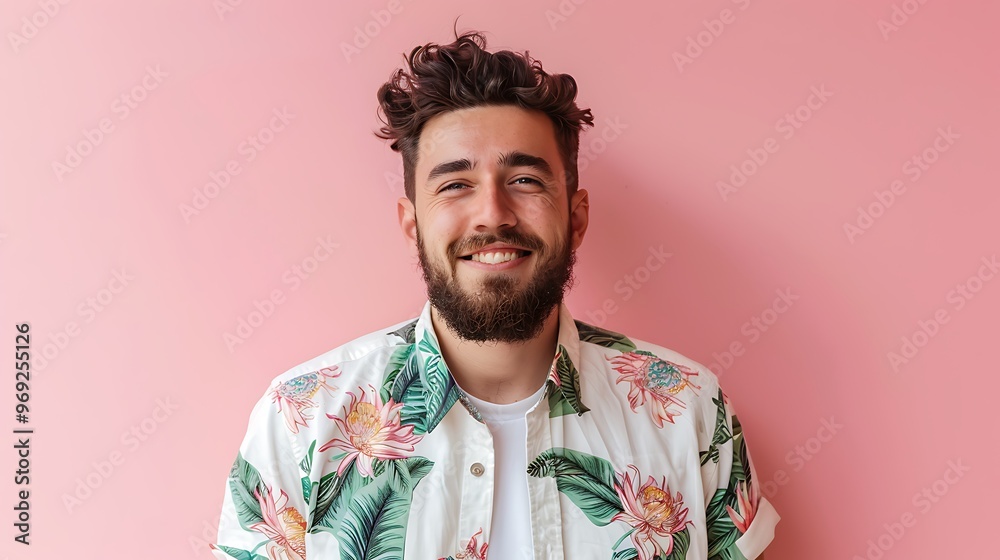 Young Man with Beard, Casual Shirt, Smiling, Pink Background, Casual Lifestyle, Young Man with Beard, Casual Shirt, Smiling, Pink Background, Casual Lifestyle,