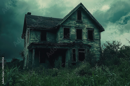 Eerie abandoned house with broken windows surrounded by overgrown grass