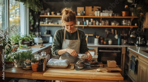 A woman is cooking in a kitchen with a lot of pots and pans