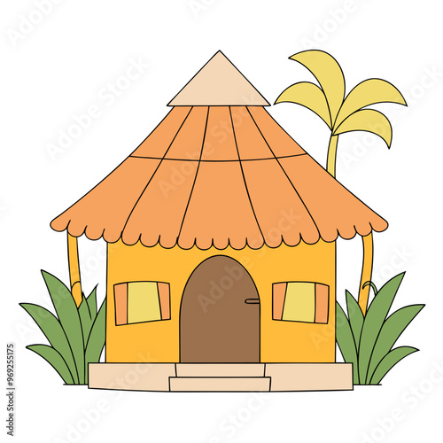 Illustration of a yellow tropical hut with a thatched roof, door, windows, and palm trees