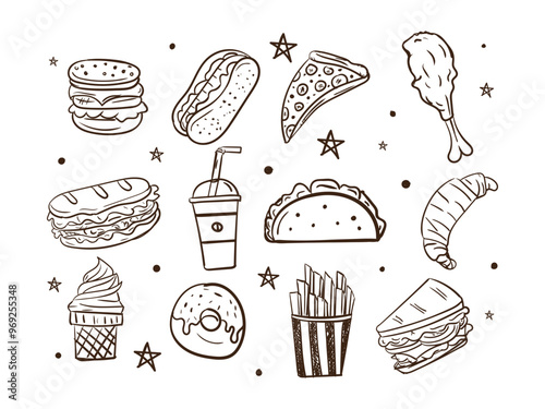Hand drawing styles vector graphic of set junk food.