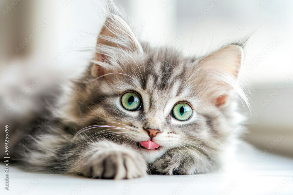 Funny large longhair gray kitten with beautiful big green eyes lying on