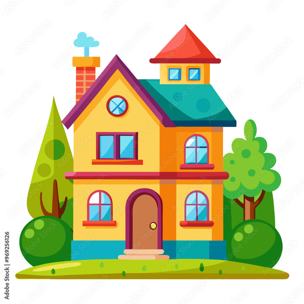 Colorful cartoon house with trees, blue roof, and a chimney Colorful cartoon house with trees, blue roof, and a chimney