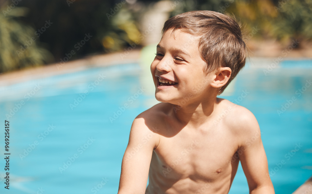 Fun, smile and boy child in pool for summer holiday, relax and playing at hotel for outdoor tourism. Happy, travel and kid swimming in water on tropical vacation, weekend and playful adventure Fun, smile and boy child in pool for summer holiday, relax and playing at hotel for outdoor tourism. Happy, travel and kid swimming in water on tropical vacation, weekend and playful adventure