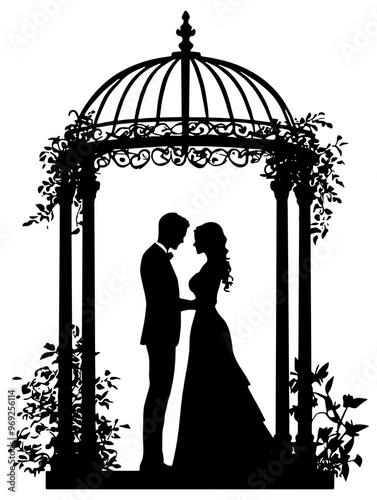 Silhouette of a bride and groom getting married in a gazebo, isolated 