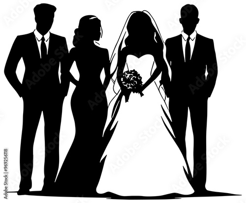 Silhouette of a wedding party, including the Bride, Groom, Maid of Honor and Best Man, isolated 