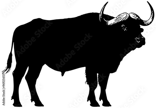 Silhouette in black of an African buffalo, isolated 