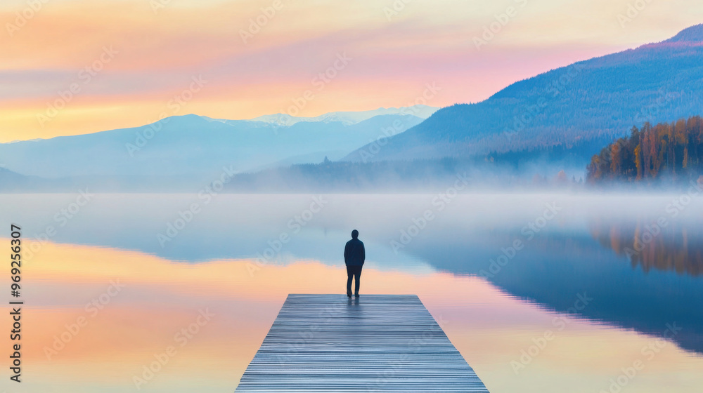 A person standing on dock looking out at calm lake during sunrise, surrounded by mist and mountains, evokes sense of tranquility and reflection A person standing on dock looking out at calm lake during sunrise, surrounded by mist and mountains, evokes sense of tranquility and reflection
