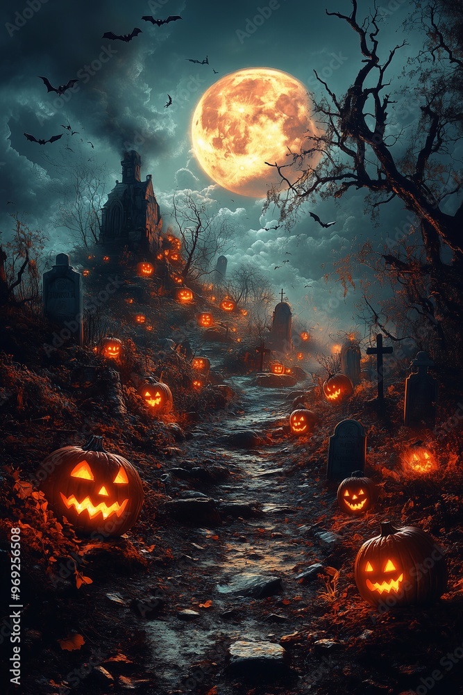 Glowing pumpkins line a creepy pathway towards an eerie mansion, with bats flying under a full moon.