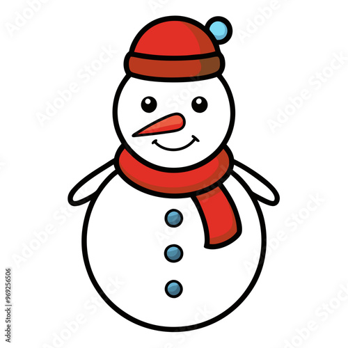 A cheerful cartoon snowman wearing a red hat and scarf, with a carrot nose and blue buttons, smiling warmly against a white background