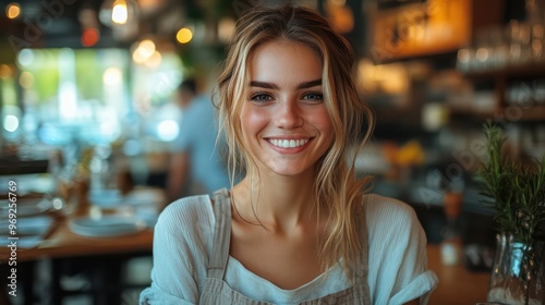 A woman with blonde hair is smiling at the camera in a restaurant