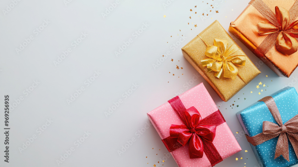 Colorful gift boxes with bows on a light background, decorated with scattered star confetti. Copy space Colorful gift boxes with bows on a light background, decorated with scattered star confetti. Copy space