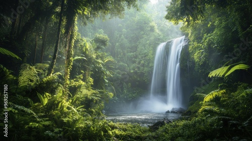 A serene waterfall surrounded by lush greenery in a tranquil jungle setting.