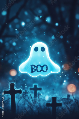 Ghost floating over a misty graveyard background at night with glowing orbs photo