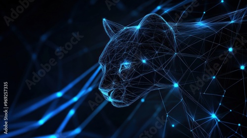 A digital representation of a panther's head created with glowing blue lines and nodes.
