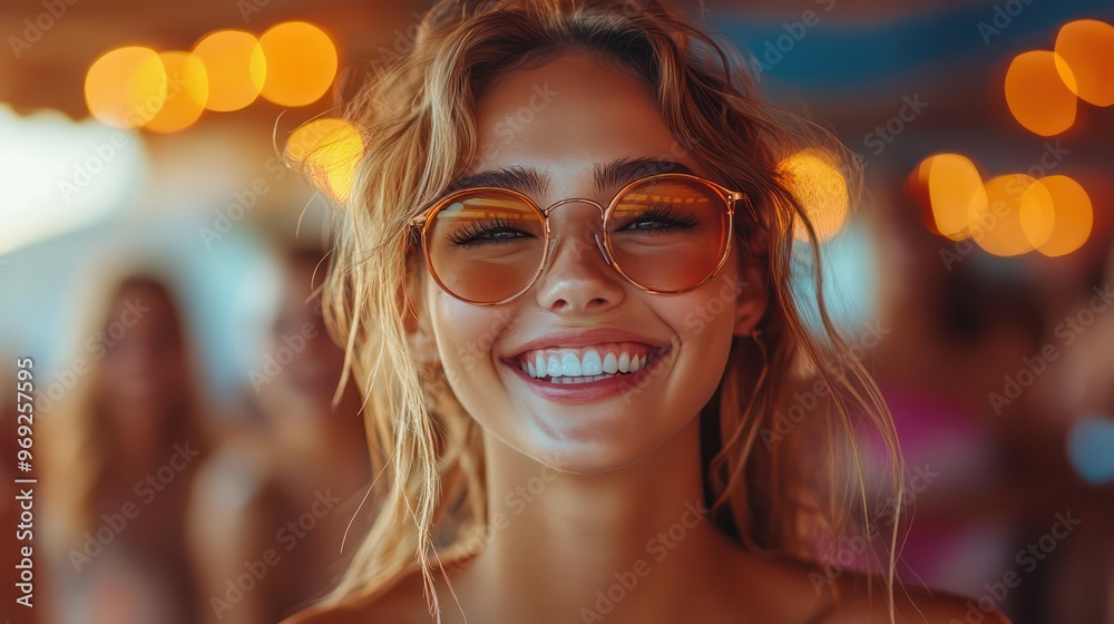 A woman with long brown hair and glasses is smiling