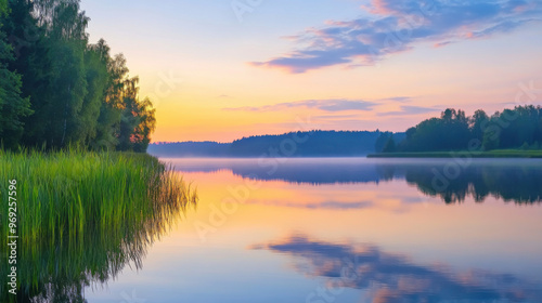 A serene sunrise reflected in calm lake, symbolizing beauty of nature. tranquil waters mirror colorful sky, surrounded by lush greenery and trees