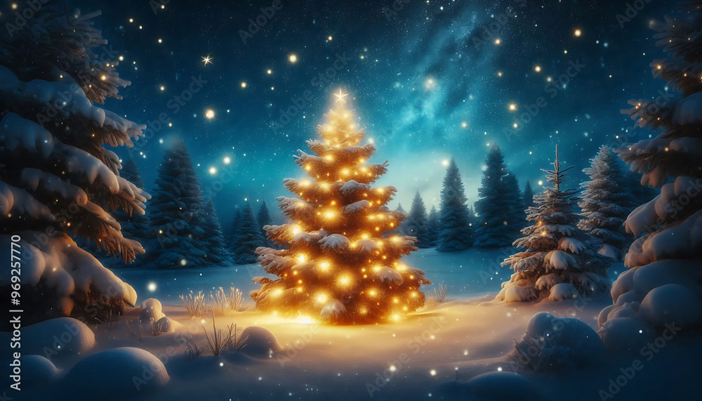 A beautifully lit Christmas tree adorned with snow sits in a serene winter landscape under a starry night sky. The tree is brightly illuminated from within radiating a warm glow A beautifully lit Christmas tree adorned with snow sits in a serene winter landscape under a starry night sky. The tree is brightly illuminated from within radiating a warm glow