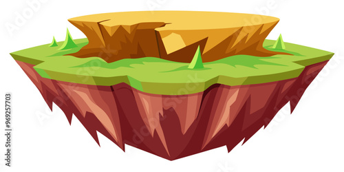 Illustration of a floating island with a grassy base, steep cliffs, and a flat, golden top, resembling a whimsical landscape feature