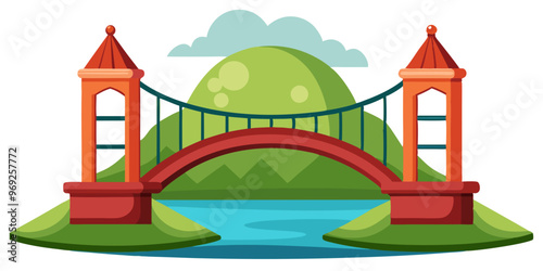 A stylized red suspension bridge connects two green hills over a blue river, with fluffy clouds above